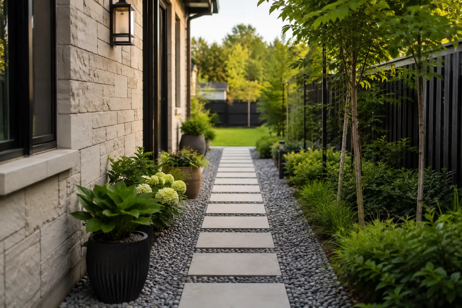 Beautiful landscaped garden with stone walkway